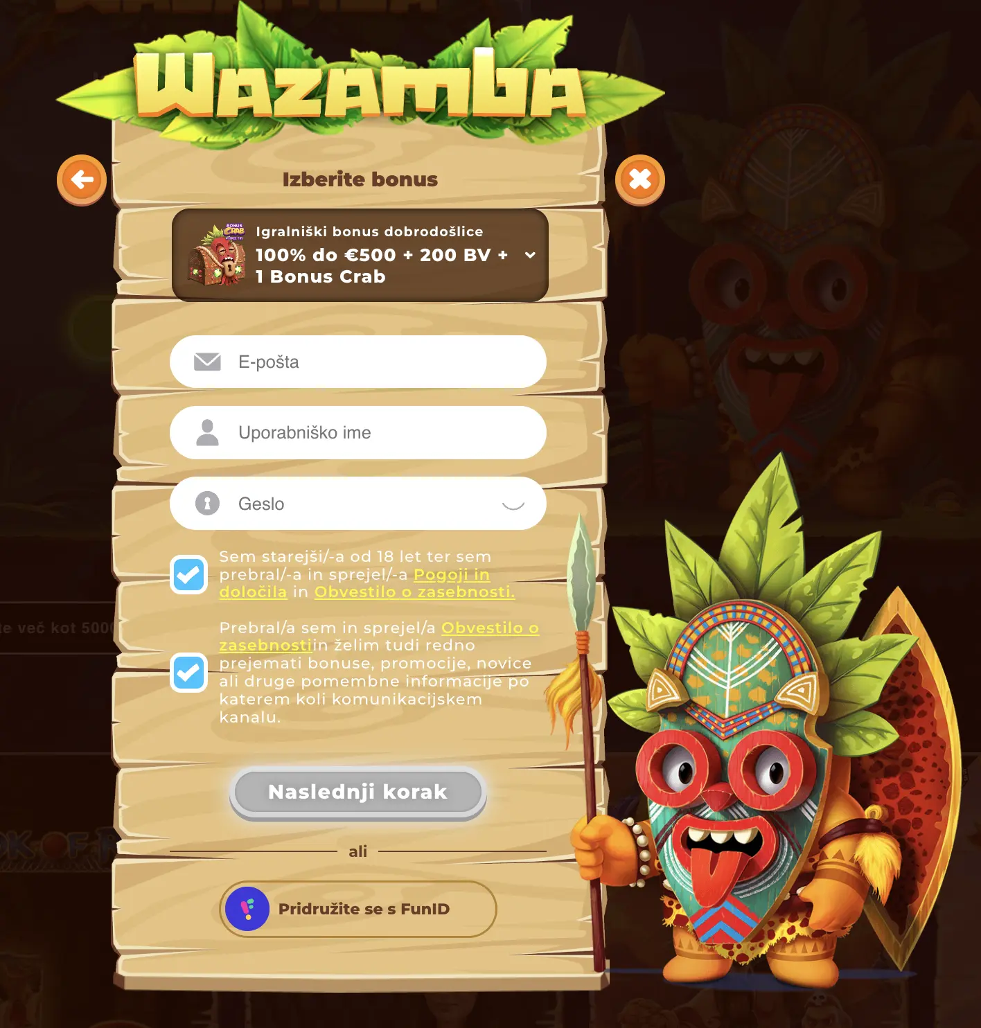 Registracija v Wazamba igralnici z izbranim bonusom dobrodošlice – 100 % do 500 € + 200 BV + 1 Bonus Crab, z